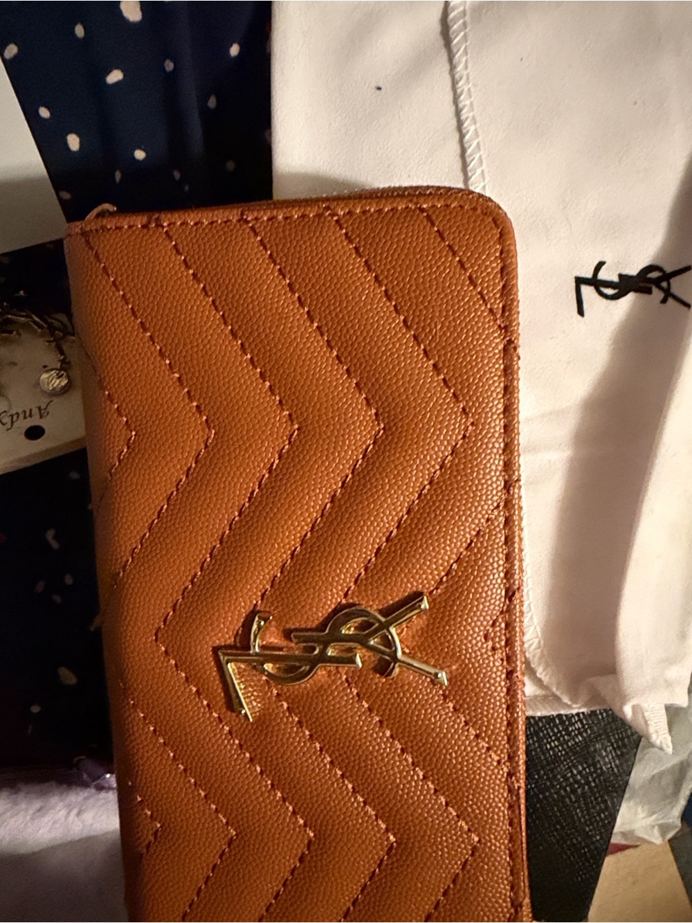 Tan Quilted Leather Wallet with Gold YSL Hardware and earrings - Picture 4 of 5